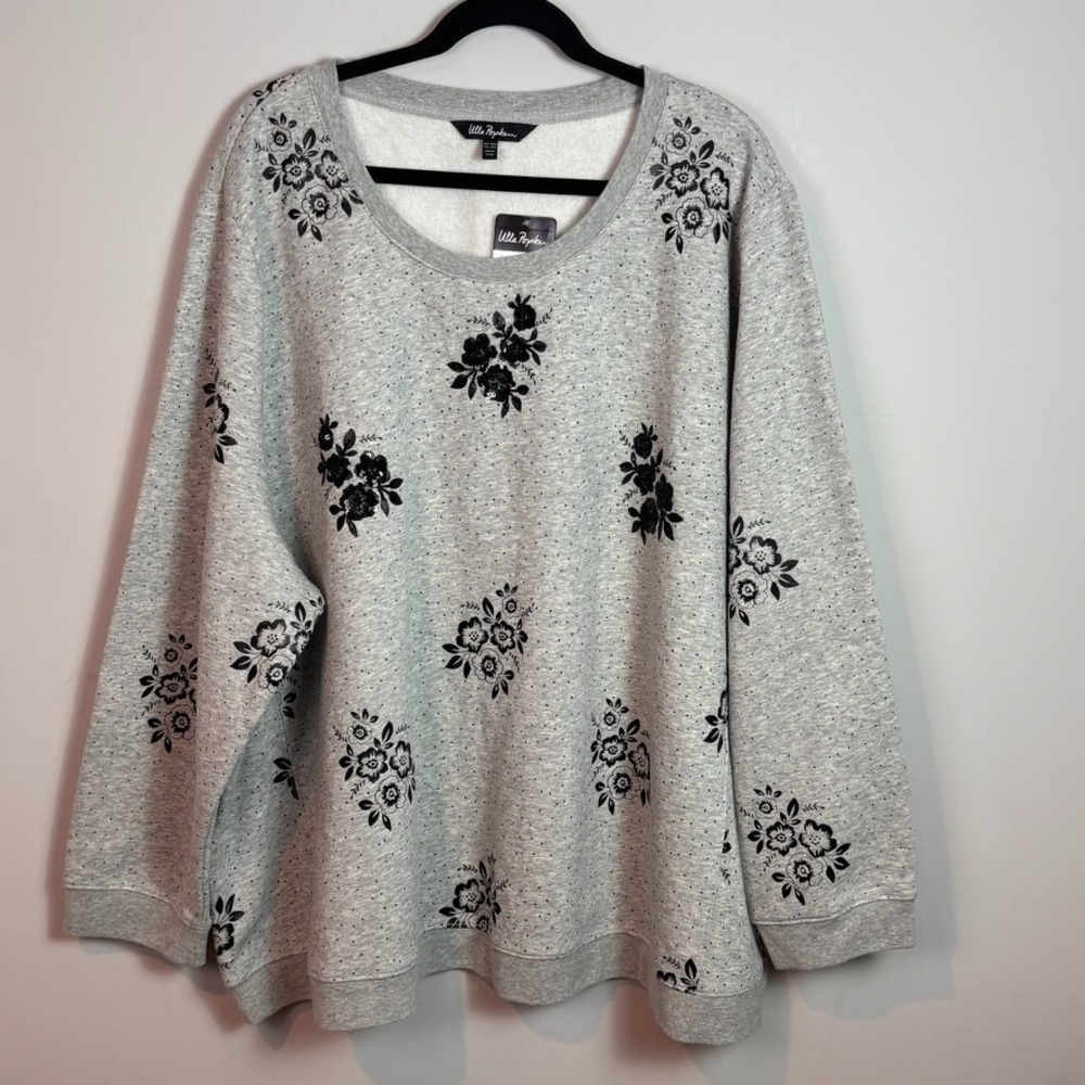 NWT Ulla Popken Womens Grey black floral embelisshed detail sweatshirt US 28/30